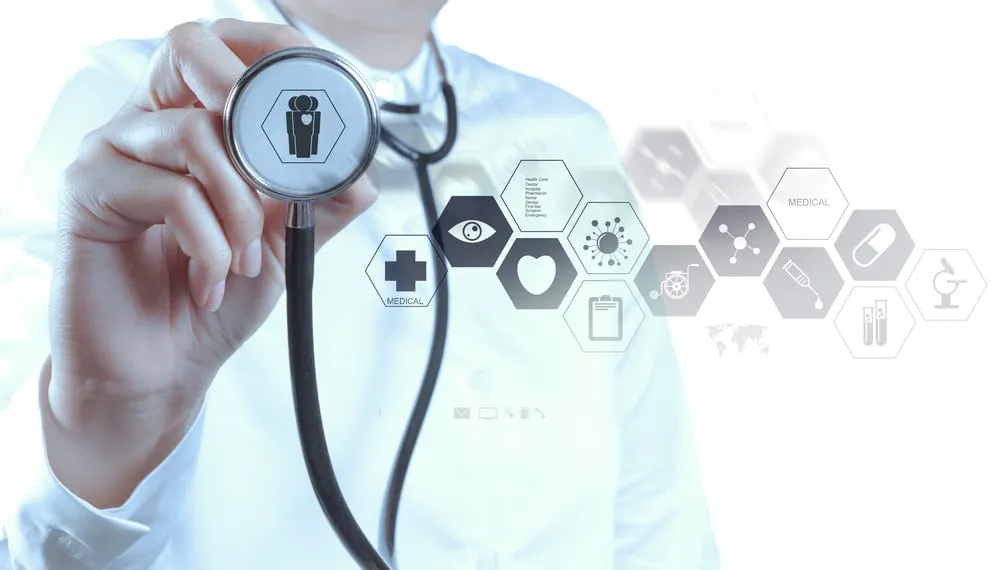 Medicine doctor hand working with modern computer interface as medical concept-2